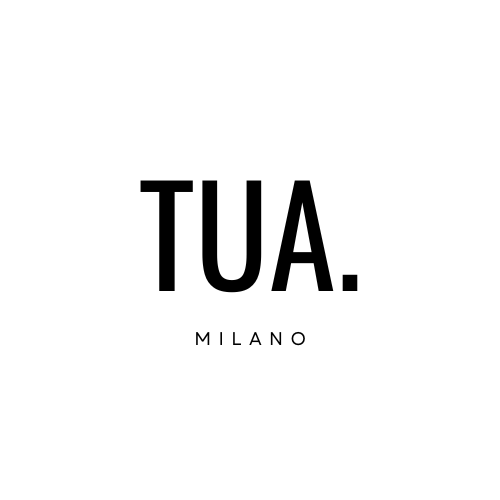 Logo TUA. Milano in nero su sfondo bianco, design minimalista italiano